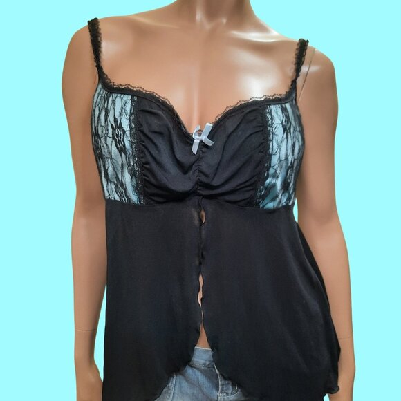 Y2K Coquette Babydoll Lingerie Top XL Split Front Blue Black Lace Camisole - Picture 1 of 12